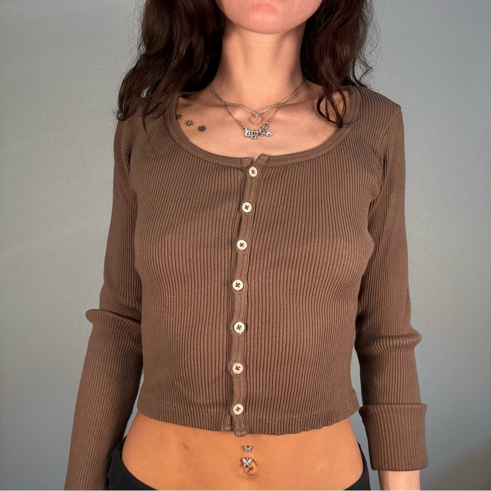Brown Ribbed Button-Up Top - Picture 1 of 4